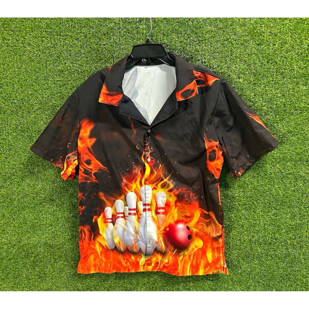 NCE Bowling Flame Graphic Print Short Sleeve Button-Up Shirt Men's L Black/Org